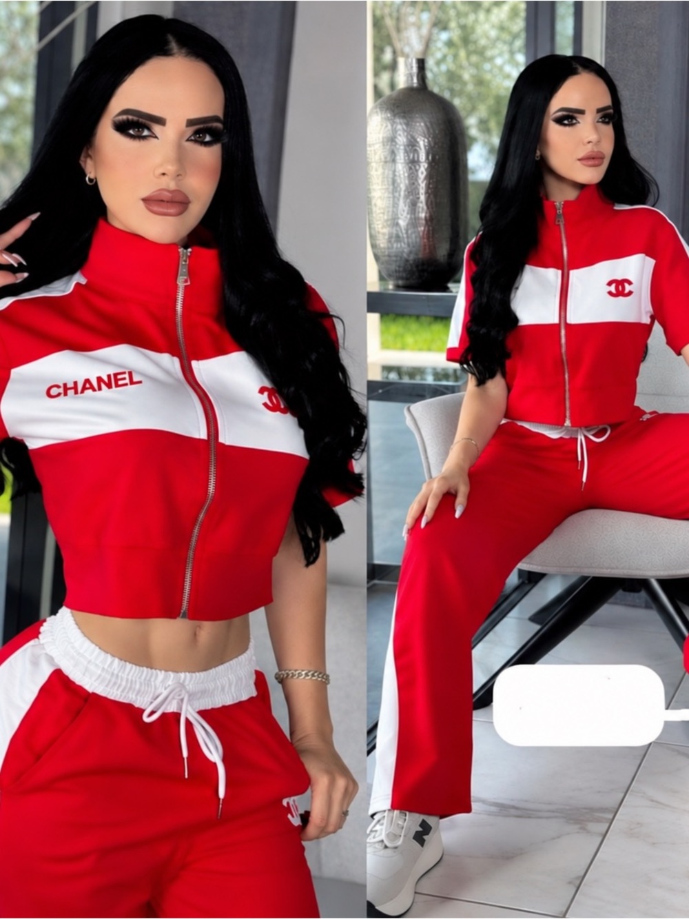 Red & White Zip-Front Track Pants Set size S